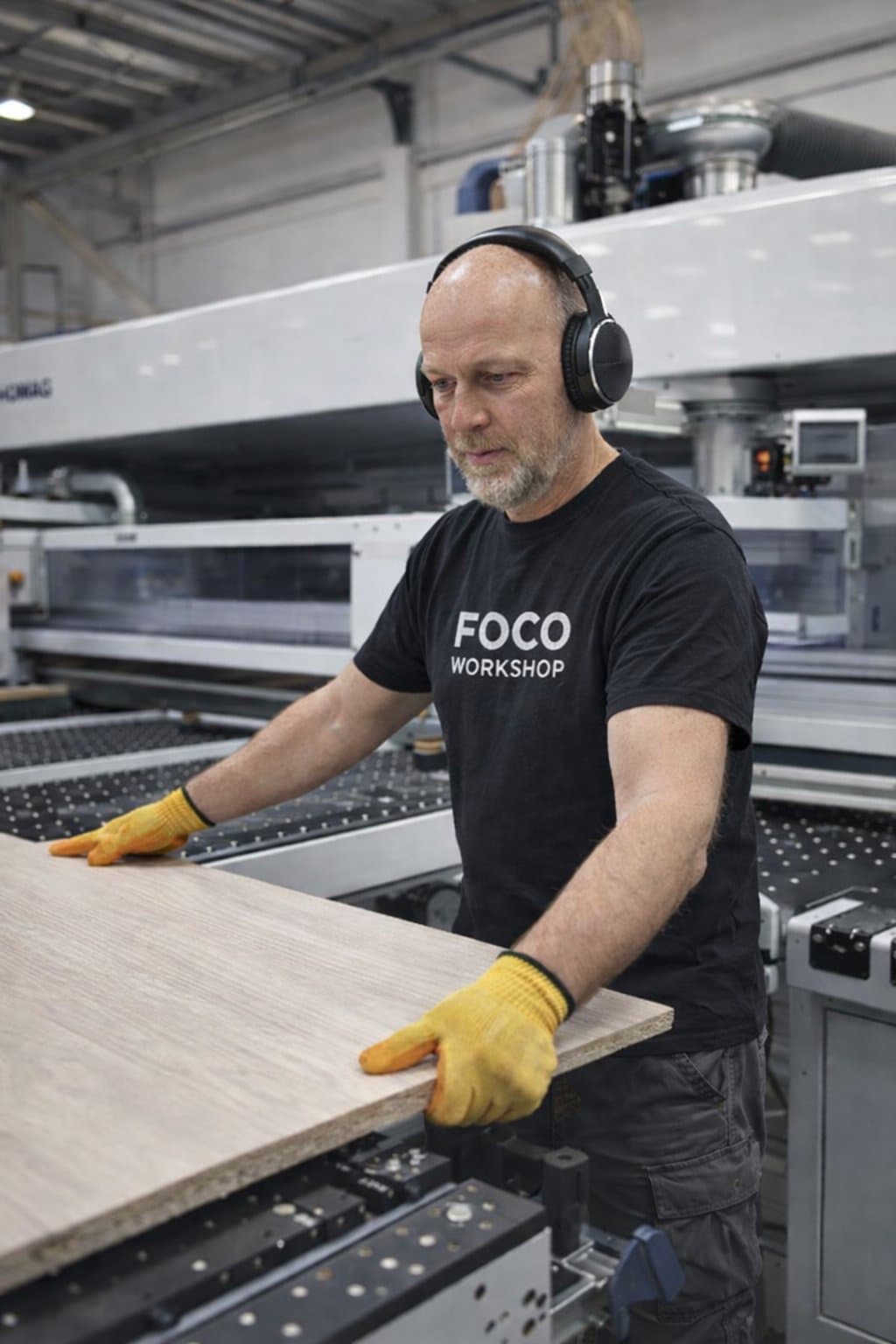 FOCO Workshop — operator loading panel into beam saw